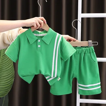 2023 Summer Boys Medvilninių drabužių komplektas Vaikiški dryžuoti lape marškinėliai + šortai 2Vnt vaikams Laisvalaikio apranga Berniukų sportiniai kostiumai