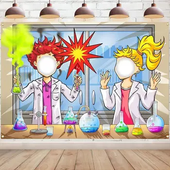 Chemijos mokslo fonas Mad Scientist Face Cutout Laboratory Explosion Background Scientist Chemical Subject Party Decoration