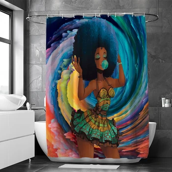 1Pcs Spalvinga Afrikos Pop Head mergina, pučianti burbulinį vandeniui atsparią dušo užuolaidų vonios kambario dekoraciją ,su 12 plastikinių kabliukų