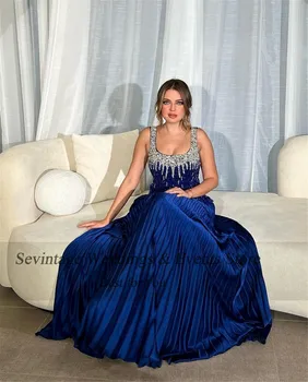 Sevintage Royal Blue Arabia Satin Prom Suknelė A-Line Sequined Ruched Floor Length Oficiali proga vestidos para eventos especiale