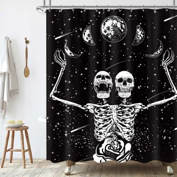 Kaukolės skeletas Mėnulio apšviesta dušo užuolaida Gotikinė juoda balta Cukrus Baisus Helovino dušo užuolaidos vonios vonios vonios dekoro komplektui