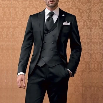 Formal Black Single Breasted Peaked Lapel Luxury Vyriški kostiumai Aukštos kokybės 3 dalių švarko kelnės Liemenė Vestuvinis švarkas pritaikytas