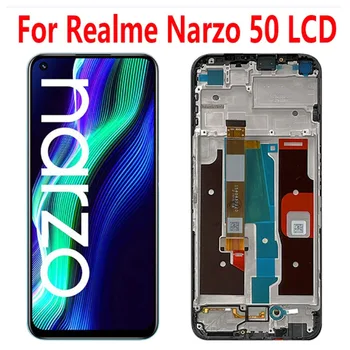 6.6'' Realme Narzo 50 LCD ekranui Jutiklinio skydelio skaitmeninimo priemonės atsarginės dalys Realme Narzo 50 LCD su rėmeliu RMX3286