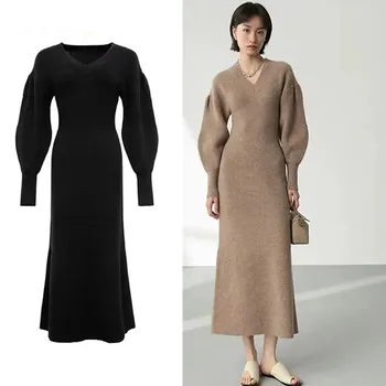 Naujos moterys Ruduo žiema Prancūziškas V kaklo žibintas Sleev storas šiltas megztas ilgas suknelė Vintažinės aukštos kokybės kietos megztinės suknelės