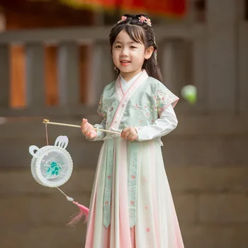 Ming dinastijos puokštės siuvinėjimas Hanfu suknelės 2PCS Vaikų mergaitės Kinų stiliaus kostiumas vaikams Tango kostiumas Princesės scenos šokių suknelė