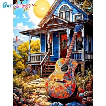 GATYZTORY akriliniai dažai pagal skaičius Gitaros namo paveikslėlių piešinys suaugusiems 