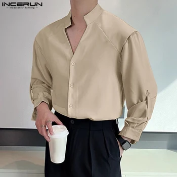 INCERUN Tops 2023 Korėjietiško stiliaus gražūs vyrai madingi marškiniai Casual Street vyriška stovinti apykaklė Palaidinė kietomis ilgomis rankovėmis S-5XL