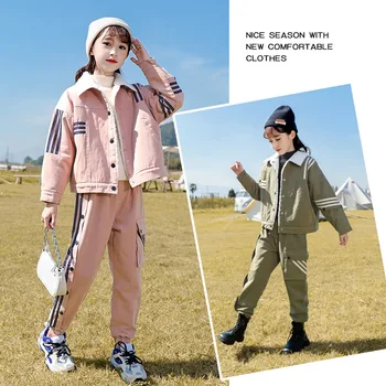 Korean Winter School Girl Thicken Denim 2-piece Teenager Girl Plus Velvet Striped Workwear Jacket+Sport Pants Packages For Girls