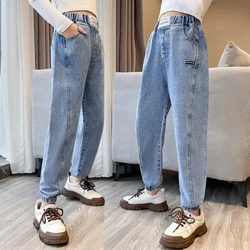 Mergaičių džinsai 2023 m. pavasaris ir ruduo Naujos mados laisvalaikio vaikiškos kelnės Korėjietiškos laisvos kelnės su kojomis Paauglių džinsinės kelnės