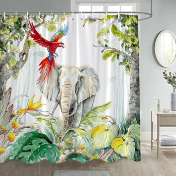 Atogrąžų miškų gyvūnai Dušo užuolaidos Akvarelės augalai Atogrąžų lapai Papūgos Drambliai Džiunglių peizažas Vonios kambario dekoras su kabliukais