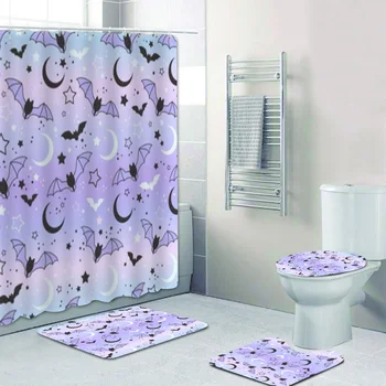 Girly Pastelinių šikšnosparnių raštas Dušo užuolaidų rinkinys vaikų vonios kambariui Mielas fantazijos šikšnosparnis Helovino vonios užuolaidų kilimėliai Kilimėliai Namų dekoro dovana