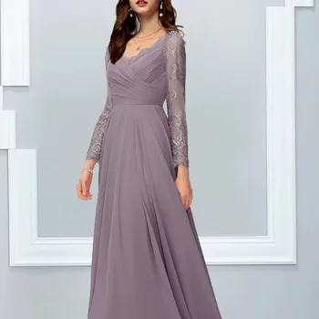 2023 Elegantiškos nuotakos motinos suknelės moterims V kaklo šifono grindų ilgis ilgomis rankovėmis aplikacijos Oficialūs vakariniai chalatai