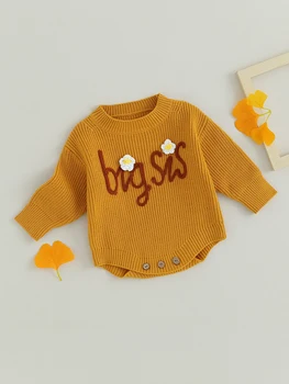 Baby Girl megztas megztinis romperis su žavingais raidžių siuvinėjimais - jaukios ilgos rankovės rudeniui ir žiemai