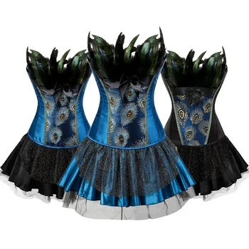 Mėlyna juoda blizganti siuvinėjimai Povo plunksnos Korseto sijono komplektas moterims Seksualus šokis Tutu sijonas Overbust Korsetas plius dydis