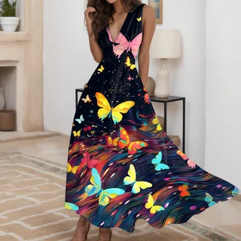 2023 Vasaros V kaklo drugelio atspaudas Ilga suknelė Elegantiška laisvalaikio suknelė be rankovių Vakarėlio suknelė be rankovių Temperamentas Plona drapiruota suknelė