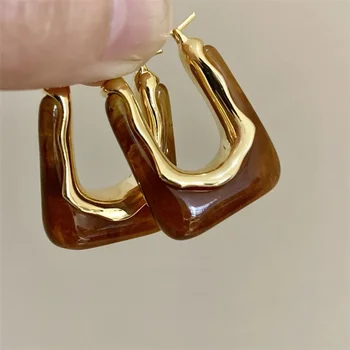 U raidės formos auskarai moterims Netaisyklingos sagties auskarai Auksinis metalas Skaidri derva Apvalus apskritimas Lankai Vintažiniai papuošalai