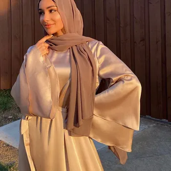Minkšta kieta musulmoniška suknelė O Kaklo juosmuo Moterys Kulkšnies ilgis Madinga suknelė Kieta ilga satino Ramadano musulmonų drabužiai Suknelė ilgomis rankovėmis