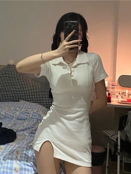 Vestidos Polo apykaklė Bodycon Wrap Mini marškinėliai Suknelė Moterys Priežastinis Baltas Suknelės trumpomis rankovėmis Splitas Suknelės Korėjos mada 2023 Ruduo