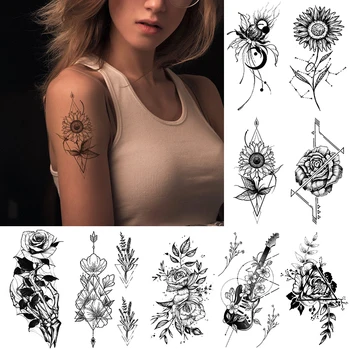 Neperšlampamas laikinas tatuiruotės lipdukas Juoda miela gėlė Gitara Saulėgrąžų rožių blykstė Tatoo Fake Tatto kūno menas moterims vyrams