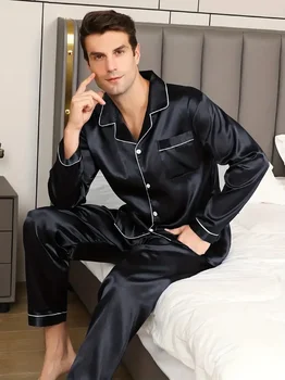 Naujas vyriškų pižamų komplektas Šilkinis satino miego drabužis Vyriški marškiniai ilgomis rankovėmis Pijama Vyriška mada Minkšti laisvalaikio drabužiai Didelio dydžio žieminiai naktiniai drabužiai