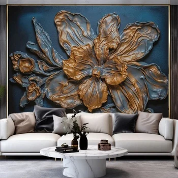 Menas Namų patobulinimai Prabangūs tapetai 3D reljefiniai auksiniai bronzos raižyti gėlės Foto freska Popierius Miegamasis Svetainė Sienų dekoras