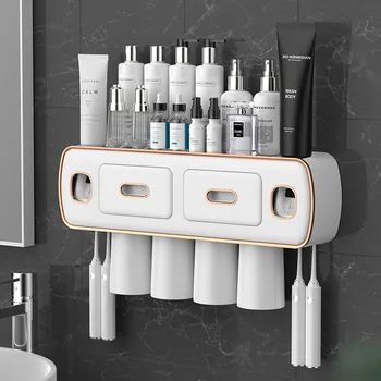 Dantų šepetėlio ir dantų pastos laikiklis su automatiniu spaustuvu, sieninė daugiafunkcinė vonios kambario laikymo lentyna, nereikia grąžto
