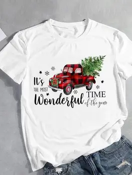 Plaid Tree Truck Lovely Cute Christmas Holiday Fashion Short Sleeve Tee Naujųjų metų moteriški drabužiai Print T Moteriški grafiniai marškinėliai