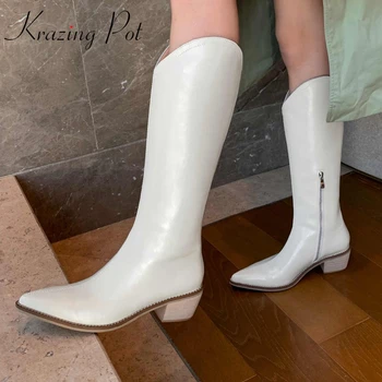 Krazing Pot 2024 Winter New Arrival Cow Leather Chic Pointed Toe High Heel Simple Style Fashion Classic Color Šlaunys High Boots
