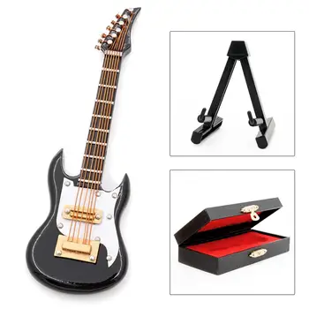 Odoria 1:12 Miniaure Juoda elektrinė gitara su stovu ir mediniu dėklu Nėra grojamo muzikos instrumento lėlių namelio priedai Žaislas