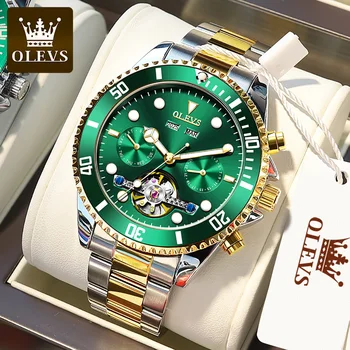 OLEVS 6605 Top Luxury Brand Vyriškas automatinis mechaninis laikrodis Klasikinis žalias vandens vaiduoklis Vandeniui atsparus šviečiantis mados vyriškas laikrodis