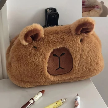 Cartoon Plush Stuffed Capybara Pen Bag Didelės talpos pieštukas Kanceliarinių prekių krepšys Raktų pakabukas Lėlė Mieli mokykliniai reikmenys