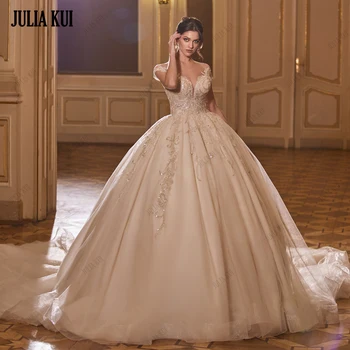 Julia Kui Elegantiška balinė suknelė Vestuvinė suknelė trumpomis rankovėmis Karoliukai Perlai Siuvinėjimai Nėriniai Nuotakos chalatai Iliuzija Kaklas