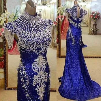 Royal Blue High Neck Prom suknelė Krištoliniai blizgučiai Banketinė vakarėlio suknelė plius dydis Vakarinės suknelės pritaikymas