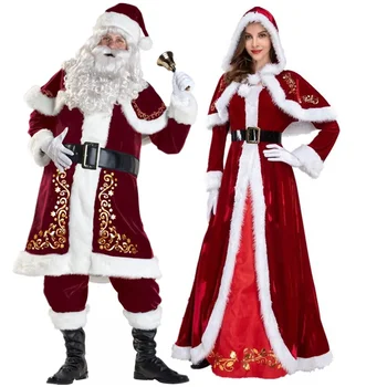 plius dydis liukso klasės aksomas suaugusiems kalėdinis kostiumas cosplay pora Kalėdų senelio drabužiai puošni suknelė Xmas uniformos kostiumas vyrams moterims