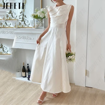 JEHETH Pleat O-Neck Korea Nuotakos chalatai moterims A-Line Simple Satin Wedding Dress Pearl Backless 웨딩드레스 Ankle-Length Sleeveless