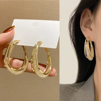 Korėjos aukso spalvos metalo tinklelio krištolo lanko auskarai Moterų mados papuošalai 2023 Naujas prabangus geometrinis tinklelis Didelis apskritimas Ausys Femme