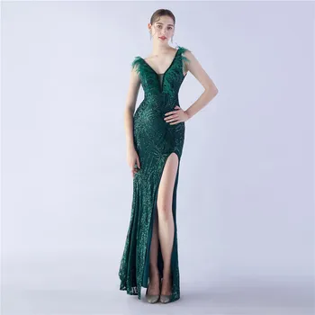 Elegantiška V formos kaklo blizgučių vakarinė suknelė Undinėlė Grindų ilgio oficiali suknelė Moterys elegantiškos su plunksnomis