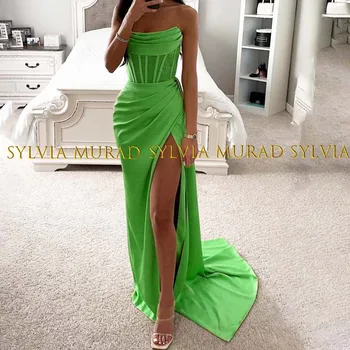 Sage Green Mermaid vakarinė suknelė High Split Strapless Sexy Women Long Sheath Prom Dresses Party Gown