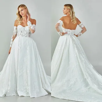 Elegantiškos baltos satino vestuvinės suknelės nuo pečių nėrinių aplikacijos Nuotakos suknelės Žavingos Ruched Sweep Train Vestidos De novia