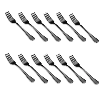 12 gabalas juodų vakarienės šakučių rinkinys, nerūdijančio plieno stalo įrankių šakutės, stalo šakutės, desertinės šakutės, metalinės šakutės sidabro dirbinių mažmeninė prekyba