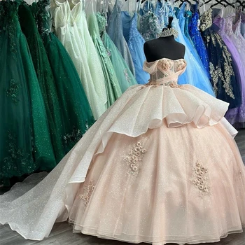 Princess Quinceanera suknelės Ball Gown Sweetheart Appliques Sparkle Sweet 16 Suknelės 15 Años Meksikietiškos
