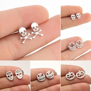 Jisensp nerūdijančio plieno mažos kaukolės smeigės auskarai Vaiduoklių skeleto auskarai moterims vaikams Unikali Helovino dovana Mieli papuošalai
