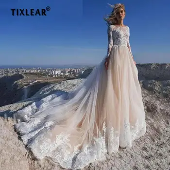 TIXLEAR Elegant Boho Long A-Line O-Neck vestuvinė suknelė Nuotakos rankovė Nėrinių aplikacija Nuotakos suknelė Illusion Backless Button Train 2022