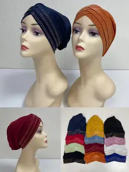 Arab Wrap Muslim Scarf Hijabs Turbans African Headtie Stones Hat for Women Pleated Beanie Headwrap Hair Accessories 12vnt/pack