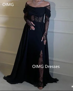 OIMG Fashion Saudi Off Shoulder Black Vintage Prom Suknelės Ilgos nėriniuotos rankovės A-Line Crystals Vakariniai chalatai Oficiali vakarėlių suknelė