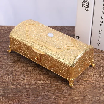 Senovinio aukso reljefinė niekučių dėžutė Užrakinamas metalinis graviruotas papuošalų laikymo dėklas Didelis cinko lydinio lobių organizatoriaus stačiakampis