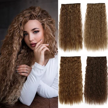 LAN SA Synthetic Long Wave 5 Clips Hair Extensions Clips in High Temperature Fiber Black Brown Hairpiece
