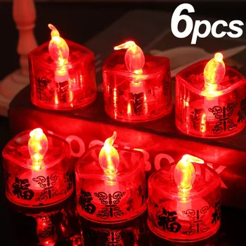 1/6PCS Liepsnojančios LED žvakių lemputės Raudona Naujųjų metų žvakių lempa Kūrybingas palinkėjimas Elektroninė arbatos lemputė Bedūmė akumuliatoriaus maitinimo lempa