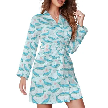 Nautical Ocean Beach Pižamos chalatas V kaklas Mėlynas banginis Seksualios suknelės Moterys ilgomis rankovėmis Estetiniai miego drabužiai Spausdinti Pižamos chalatai