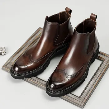 Vintažiniai vyriški kulkšnies batai Natūrali oda 39 Slip On Black Brown Italian Men Dress Boots Formal Elegant Chelsea Leather Boots Men